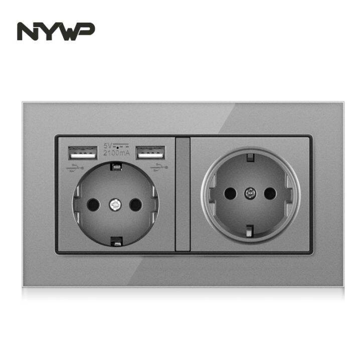 nywp-wall-mounted-glass-panel-16a-power-socket-eu-standard-multi-plug-with-2-usb-charging-ports-hidden-led-indicator