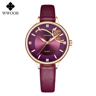 Wwoor ใหม่ผู้หญิงแฟชั่นสีม่วงนาฬิกาแบรนด์หรูหนังนาฬิกาขนาดเล็กสำหรับสุภาพสตรีนาฬิกาข้อมือนาฬิกา relogis feminino
