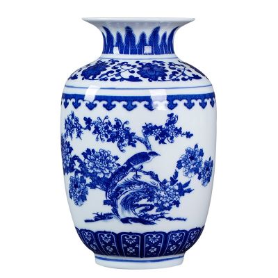 เซรามิก Jingdezhen เครื่องประดับแจกันกระเบื้องสีฟ้าและสีขาวโบราณสไตล์จีนระเบียงงานฝีมือตกแต่งบ้านดอกไม้ Heyuan ในอนาคต