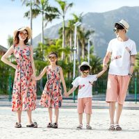 Family Matching Outfits Summer Beach Mum Daughter Matching Dress Dad Son Cotton T-shirt &amp;Shorts Seaside Holiday Couple Outfits