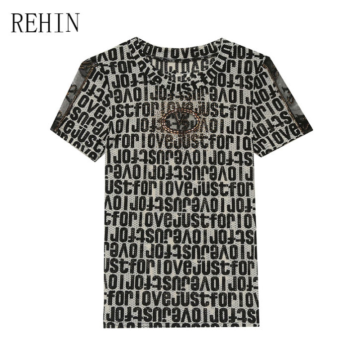 rehin-ของผู้หญิงด้านบนคอกลมตาข่ายเย็บเจาะร้อนผอมบางแขนสั้นเสื้อยืดฤดูร้อนใหม่พิมพ์เสื้อที่สง่างาม