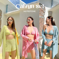 Mute - Calvyn setเซต 3 ชิ้น ผ้ากริตเตอร์ บรา+กางเกงขาสั้น เสื้อคลุม ชุดเซตไปทะเล