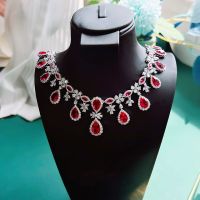 Luxury Lab Ruby Necklace 925 Silver Round Full Diamond Neckalces Women Delicate Noble Statement Jewelry Trendy Engagement Gift