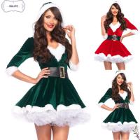 BULITE Stage Performance Ladies Hooded Santa Mini Dress Sweet Miss Claus Dress Suit Mrs Santa Claus Dress Christmas Fancy Dress Cosplay Costumes Outfits