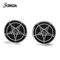 [MM75] Punk Gothic Inverted Pentagram Stud ต่างหู Satanism สีแดงแพะรูปแบบแก้วรอบหูกระดุมสำหรับผู้ชายผู้หญิงเครื่องประดับของขวัญ