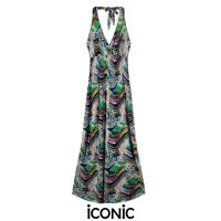 iCONiC GREEN PEGMA MAXI DRESS  #9073 ชุดเดรสยาว ผ้ายืด คล้องคอ สม็อก อก30-39" เอว24"-34" สะโพก38-42" ยาว50" เดรสชายทะเล เดนสออกงาน เดรสแฟชั่น เดรสไฮโซ