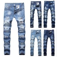 2020 Designer Mens Ripped Jeans Slim Fit Light Blue Denim Joggers Male Distressed Destroyed Trousers Button Fly Pants