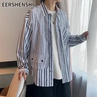 EERSHENSHI เสื้อแขนยาวลายทางของผู้ชายการออกแบบที่ไม่สมมาตรเสื้อทรงหลวมเสื้อเชิ้ตลำลองของผู้ชาย