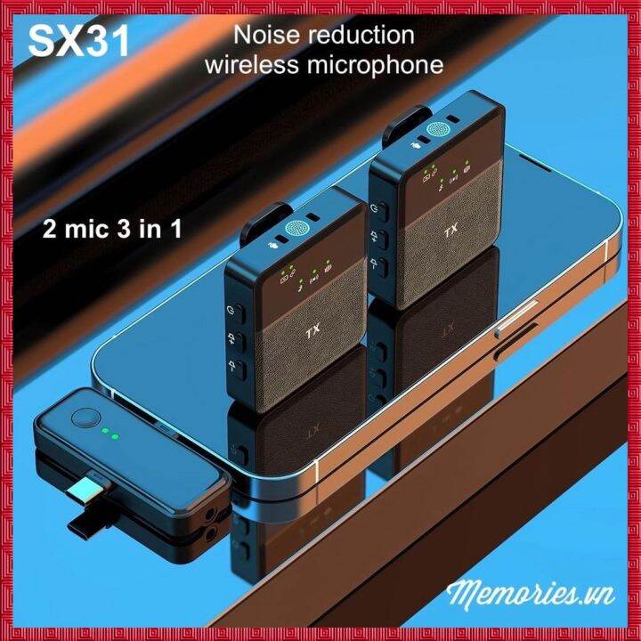 Micro thu âm cài áo không dây SX31 3in1 2 Mic quay video, livestream