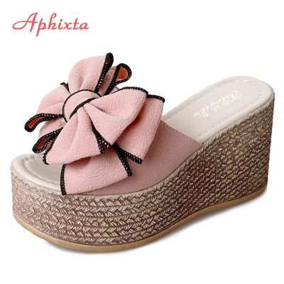 【cw】 Aphixta 3.54inch Slippers Platform Wedge Appliques Slides Beach Sandals Ladies Mules Clog Shoe 【hot】 !