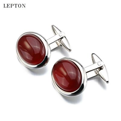 Hot Luxury Red Onyx Cufflinks for Mens Shirt Cuffs Cufflink Lepton High Quality ellipse Stone Cuff links Lepton Jewelry gemelos