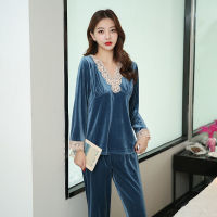 Women Pijimas Gold Velvet Warm Winter Pajamas Sets Women Sexy Lace Robe Pajamas Sleepwear Kit Soft Nightwear M-2XL