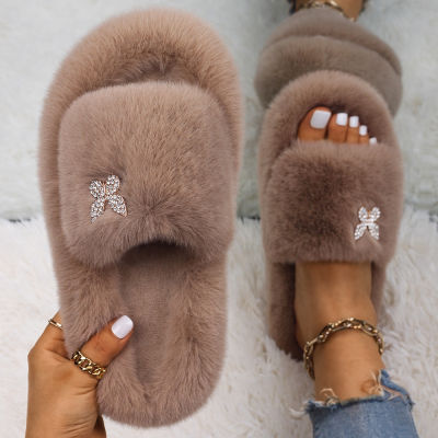 Slippers Women Fluffy Flip Flops Designer Butterfly Faux Fur Slides Platform Fur Sandals Fashion Plush Slippers Female Shoes