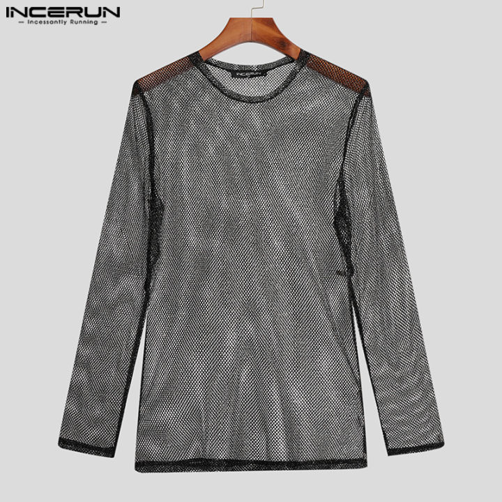 incerun-เสื้อเชิ๊ตแขนยาวสำหรับผู้ชายเสื้อเชิ๊ตตาข่ายซีทรูเสื้อทีเชิ๊ตปาร์ตี้-สไตล์ตะวันตก