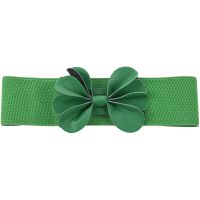 Green Faux Leather Flower 7.5cm Wide Elastic Cinch Belt for Woman