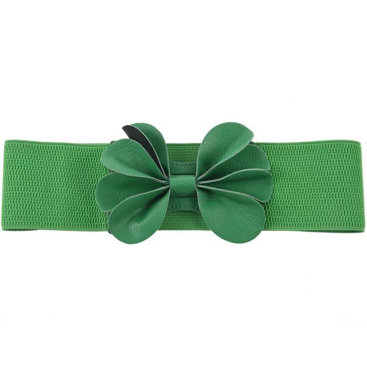 green-faux-leather-flower-7-5cm-wide-elastic-cinch-belt-for-woman