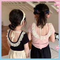 COD DDDGRYTRY Sweet lace lace girls small backless short-sleeved base shirt 2022 summer childrens baby girls elastic T-shirt