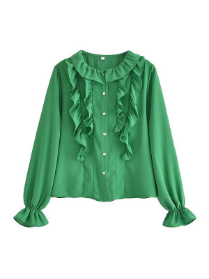 YENKYE 2023ใหม่ผู้หญิง O คอเสื้อสีเขียว Ruffled เสื้อแขนยาวหญิงปุ่มด้านหน้า Chic Blusas Mujer