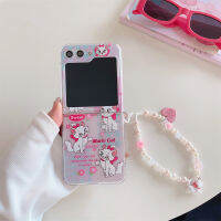 เคสแฟชั่นสำหรับ Samsung Galaxy Z Flip 5ลายแมวมารีแสนหวานเพ้นท์เคสโทรศัพท์แสนสร้างสรรค์เพิร์ลเชือกเคสใส Flip5 Z