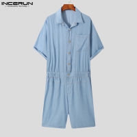 Medussa INCERUN กางเกงขาสั้นผู้ชายแขนสั้นหลวม Denim Washed Rompers Jumpsuits (สไตล์เกาหลี)