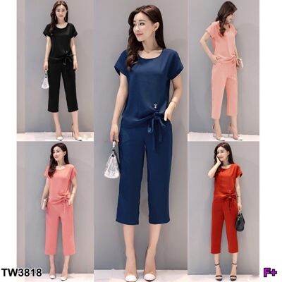 tw3818-set-2-ชิ้น-เสื้อแต่งผูกที่ปลายเสื้อ-กางเกงขาห้าส่วน