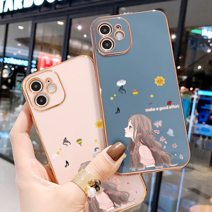 คลังสินค้าพร้อม-เคสเคสมือถือสำหรับ-vivo-v15-1819พร้อมฟรีสายคล้อง-ลายการ์ตูนผีเสื้อหญิงสาวขอบสี่เหลี่ยมชุบเคลือบเคสฝาหลังนิ่ม