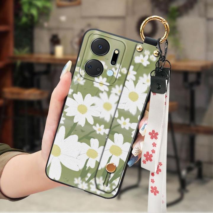 soft-case-cute-phone-case-for-honor-x7a-cartoon-painting-flowers-back-cover-durable-waterproof-wristband-fashion-design