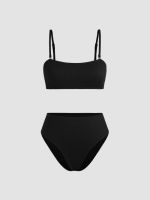 Cider K-POP ชุดว่ายน้ำผู้หญิง บิกินี่ ทูพีช ลุคไปทะเล สไตล์เซ็กซี่Rib Solid Square Neck Bikini Swimsuit