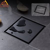 ✧ Quyanre Matte Black Square Invisible Bathroom Floor Drain Waste Grate 10X10cm Shower Drain Black Floor Drain Tile Insert Drain