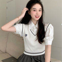 ?จัดส่งฟรี??（พร้อมส่งจากกทม มาถึงใน 3-5 วัน）เสื้อผ้าเกาหลี?แขนเสื้อฟองสั้น ผู้หญิงเสื้อเก๋ เทรนด์เสื้อแขนสั้นถักไหมพรม