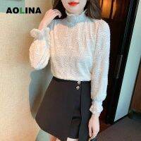 AOLINA เสื้อเบลาส์แขนยาวสำหรับผู้หญิง,เสื้อเบลาส์แบบยาวครึ่งคอสูง2023ลูกไม้ให้ความอบอุ่นสำหรับฤดูใบไม้ผลิ