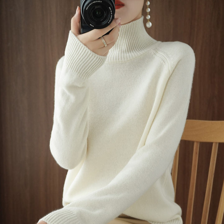 High-collar sweater women loose  bottoming shirt autumn and winter long-sleeved solid color pullover wild cardigan