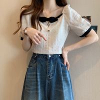 Womens Short-Sleeved Shirt Summer New French Square Collar Unique Design Chic Puff Sleeve Slimming And Short Chiffon Top