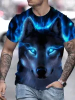 NianMiao 3D Print Blue Wolf Mens T-shirt For Summer Outdoor, Casual Slightly Stretch Crew Neck Tee Short Sleeve Graphic Stylish Top