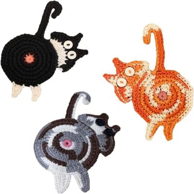 COORDINATE 3 pcs ถักนิตติ้ง ที่รองแก้วแมวทอ คู่มือการใช้งาน แมวแมวแมว รถไฟเหาะลูกแมวถักด้วยมือ แฟชั่นสำหรับผู้หญิง สีส้มสีดำและสีขาวสีเทาสีขาวสีน้ำตาล แผ่นฉนวนกันความร้อนทอมือ โต๊ะสำหรับโต๊ะ