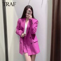 TRAF ZA 2022 Womens Long Sleeve Suit Collar Double Breasted Jacket Elegant Loose Office Blazer + Shorts Two Piece Solid Jacket