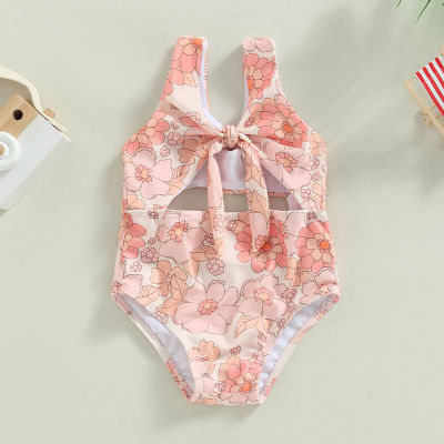 2023 Summer Toddler Kids Baby Girls Swimwear Sleeveless V-neck Bowknot Floral/Shell Print Bodysuits Bathing Suits Beachwear
