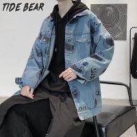 TIDE BEAR แจ็กเก็ตผ้าเดนิมสำหรับผู้ชาย,แจ็กเก็ตพิมพ์ลายวินเทจแนวโน้มแฟชั่นแจ๊กเก็ตผ้าสวมใส่สบาย