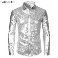 ✥✌❧ Silver Metallic Sequins Glitter Shirt Men 2023 New 70s Disco Party Halloween Costume Chemise Homme Stage Performance Shirt Male