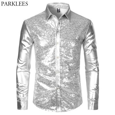 ✥✌❧ Silver Metallic Sequins Glitter Shirt Men 2023 New 70s Disco Party Halloween Costume Chemise Homme Stage Performance Shirt Male