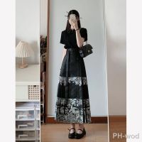 【LZ】✌  Elegante preto Hanfu vestidos terno vestido feminino chinês camisa de manga curta saia de cavalo roupa casual tradicional verão