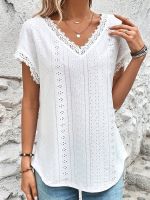 xixibeauty Lace Trim Eyelet Blouse, V Neck Loose Casual Top For Spring &amp; Summer, Womens Clothing