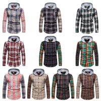 LASGO Amazon European size 2023 new youth long-sleeved plaid shirt hooded plaid pocket lapel shirt mens clothing