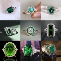 Fashion Female Vintage Green Crystal Big Ring Luxury Bride Round Engagement Ring Charm Silver Color Wedding Rings for Women