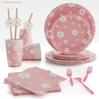卍▽♨ Daisy Theme Birthday Party Decor Pink Disposable Tableware Daisy Paper Plate Napkin for Baby Shower Birthday Party Wedding Decor