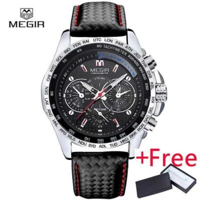 MEGIR นาฬิกาข้อมือควอตซ์แฟชั่นผู้ชายกันน้ำนาฬิกาหนังแจมนาฬิกาข้อมือสีดำลำลองสำหรับผู้ชาย1010