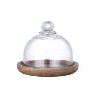 Dessert Glass Dome Wood Cake Tray with Glass Dome Mini Cake Stand Glass Display Dome Cloche Clear Glass Bell Jar Cover for Dessert Cheese Candy Plants Succulents suitable
