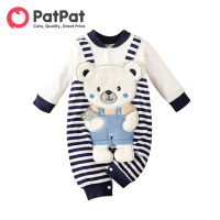 PatPat Baby Boy Clothes New Born Overalls Jumpsuit Romper Infant Newborn 95 Cotton Long-sleeve Bear Decor Striped Spliced