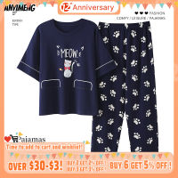 Girl Cotton Pijamas 4XL 5XL Summer Pajamas Set for Women Cats Loungewear Short Sleeve Long Pants Lady Pajamas Cartoon Sleepwear