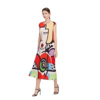 Womens Dress Pleated Dress Printed Long  Advanced Feeling Slim Round Neck Sleeveless Vest Maxi Dress